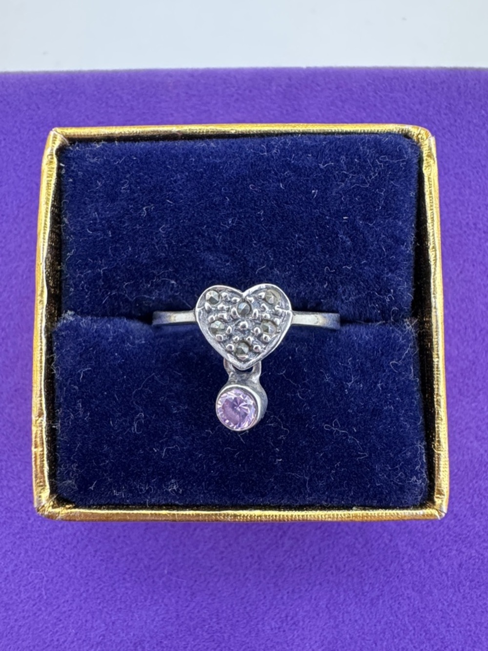 💛 Vintage Marcasite Heart Drop Sterling Ring with Light Purple Gem